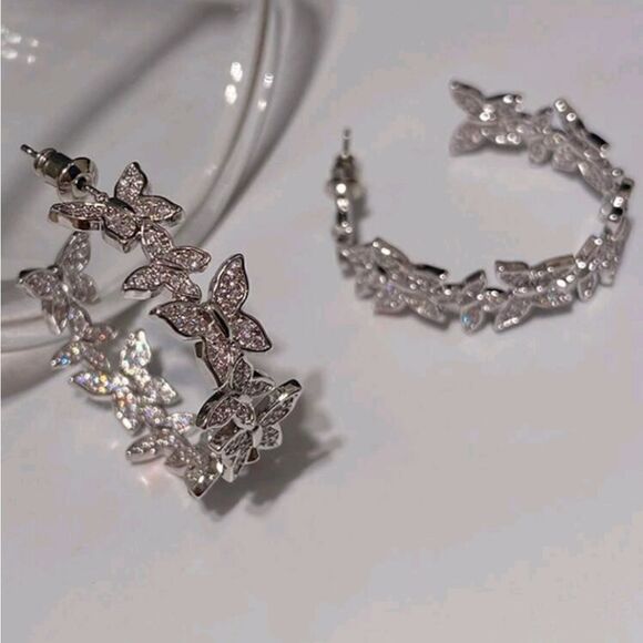 Silver Diamond Butterfly Hoop Earrings - Picture 4 of 9